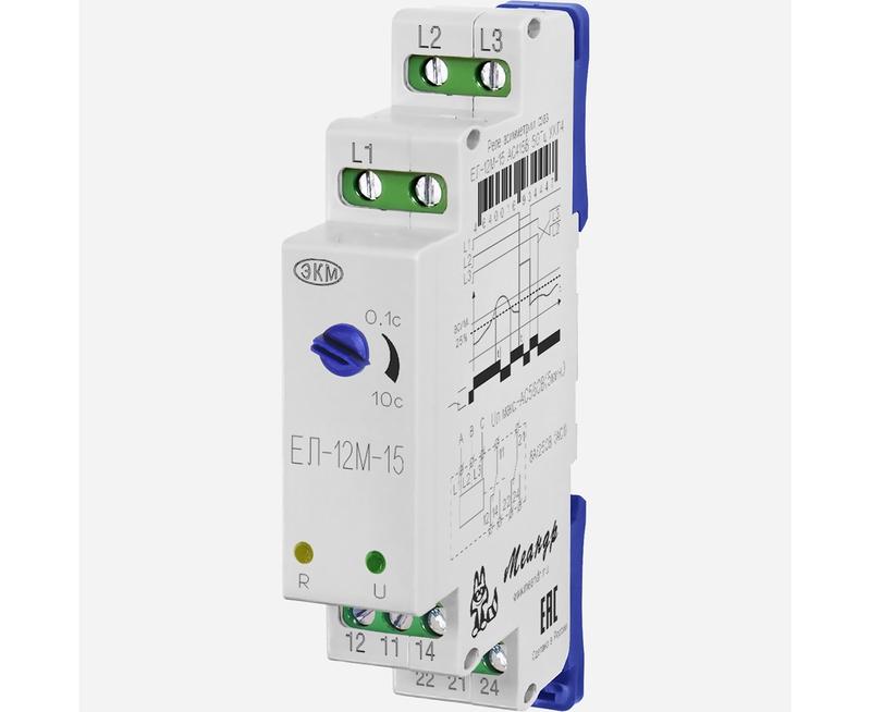 Реле контроля трехфазного напряжения ЕЛ-12М-15 AC400В УХЛ4 с задержкой срабатывания 0.1...10с ток контактов исполнительного реле 8А 2п Меандр A8302-16934430