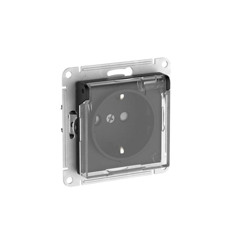 Розетка AtlasDesign Aqua 16А IP44 с заземл. защ. шторки с прозр. крышкой быстрозажим. клем. механизм карбон SE ATN441046S