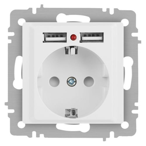 Розетка 1-м СП Accent 6-410-01М 16А IP20 250В P+E Schuko защ. шторки + 2хUSB бел. матов. Intro Б0063691