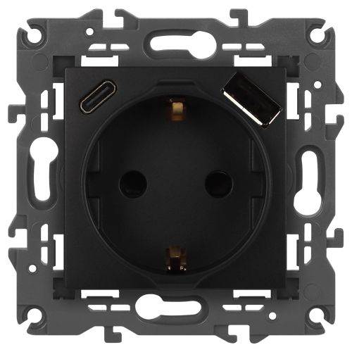 Розетка Elegance 14-4108-05 16A 250В 2P+E защ. шторки с USB type-A+C 3А 5В антрацит Эра Б0067724