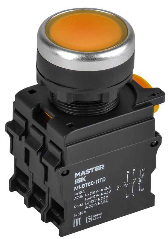 Кнопка d22мм 1НО+1НЗ MASTER с подсветкой и фиксацией желт. IEK MI-BT60-11TD-3-11-K05