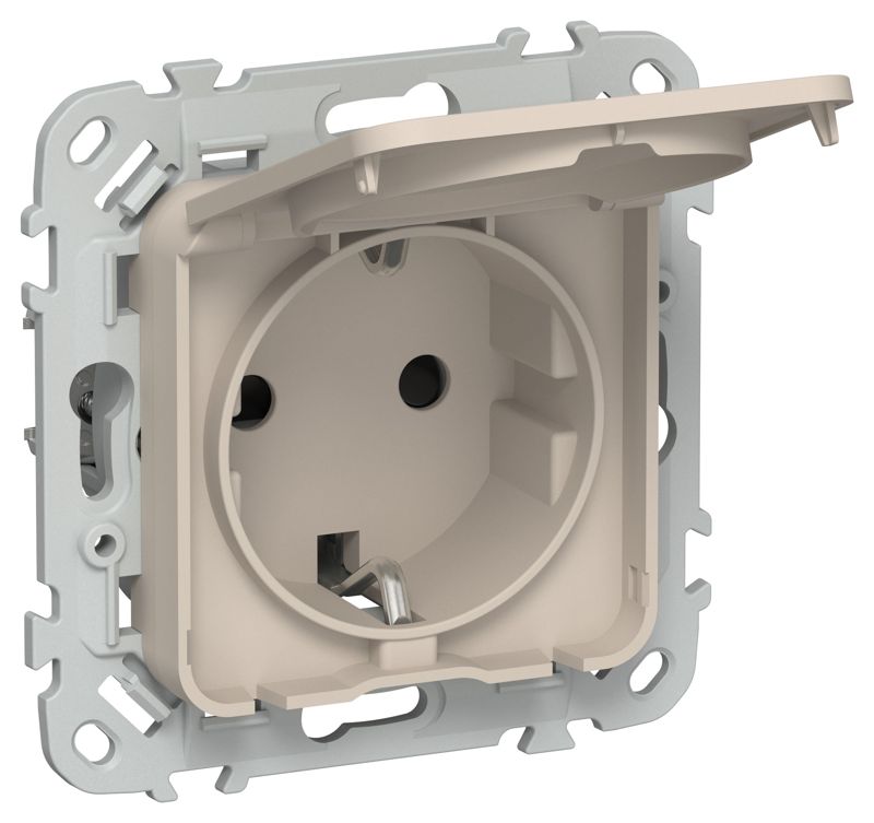 Розетка СП FLITE РСшкр11-1-44-ФлЛ 16А IP44 с заземл. с защ. шторками и крышкой безвинтовое крепление механизм льняной IEK FI-R16-16-1-44-K88