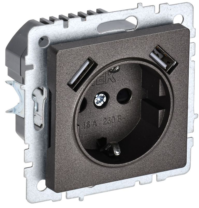 Розетка BRITE РЮш10-1-БрТБ 16А с USB A+A 2.1А с заземл. защ. шторки темн. механизм бронза IEK BR-R14-16-U21-D21-K45