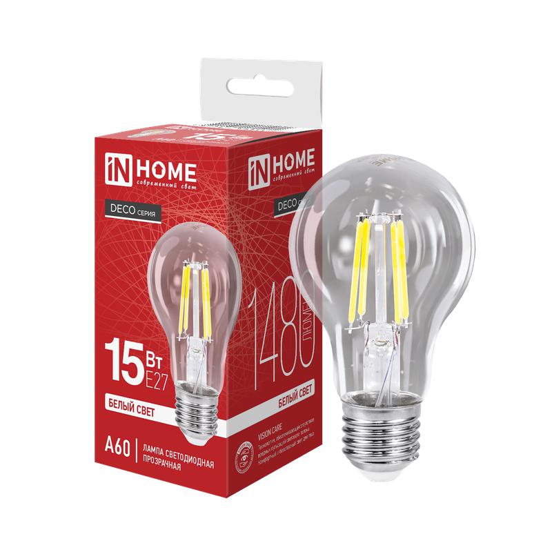 Лампа светодиодная филаментная LED-A60-deco грушевидная прозрачная 15Вт 230В E27 4000К 1480лм IN HOME 4690612055909
