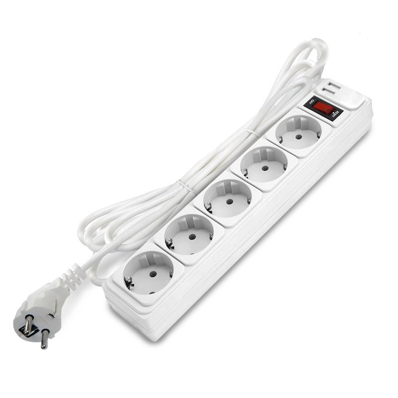 Удлинитель с сетевым фильтром 5х5м с заземл 10А 2.2кВт IP20 2хUSB ПВС 3х1 с выкл. бел. DOMTOK 2566