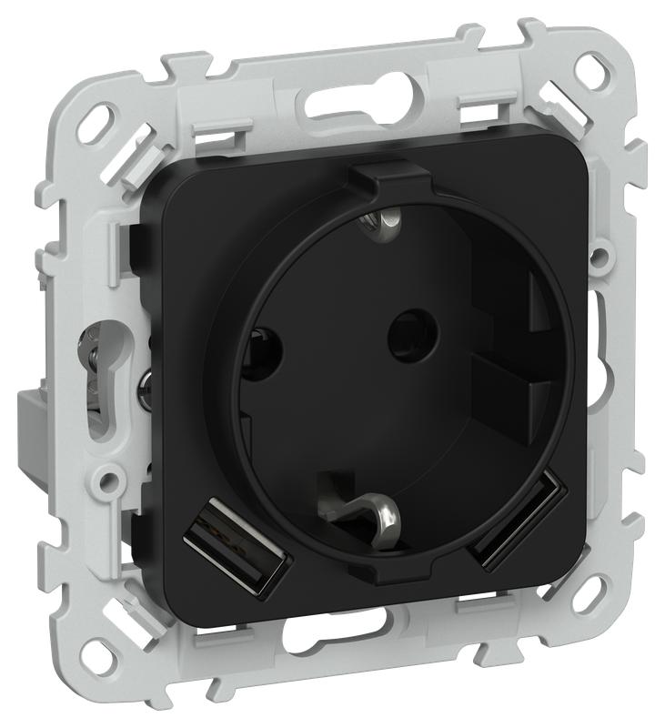 Розетка 1-м СП FLITE РСЮша11-1-ФлЧ 16А с USB A+A 3.1А с заземл. с защ. шторками безвинтовое крепление механизм черн. IEK FI-R14-16-1-U21-D31-K02