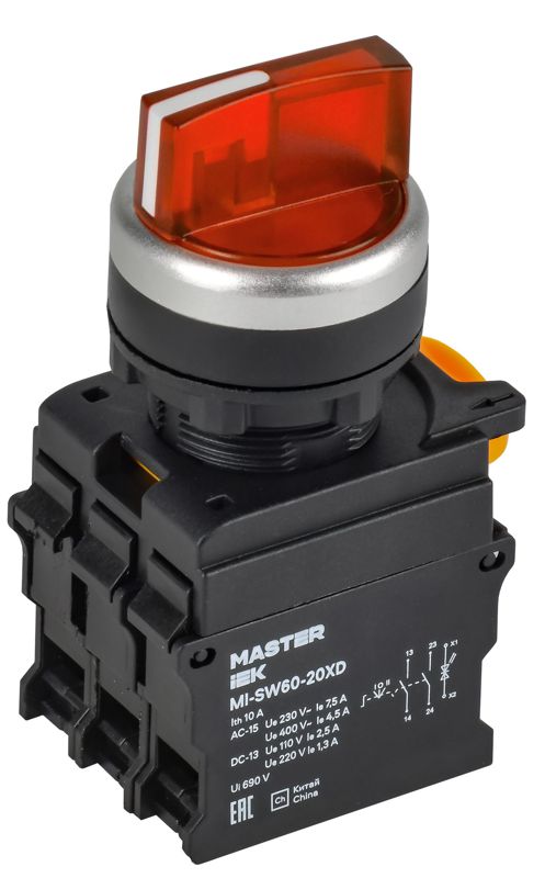 Переключатель 3 полож. 2НО с подсветкой красн. MASTER IEK MI-SW60-20XD-4-14-3-K04
