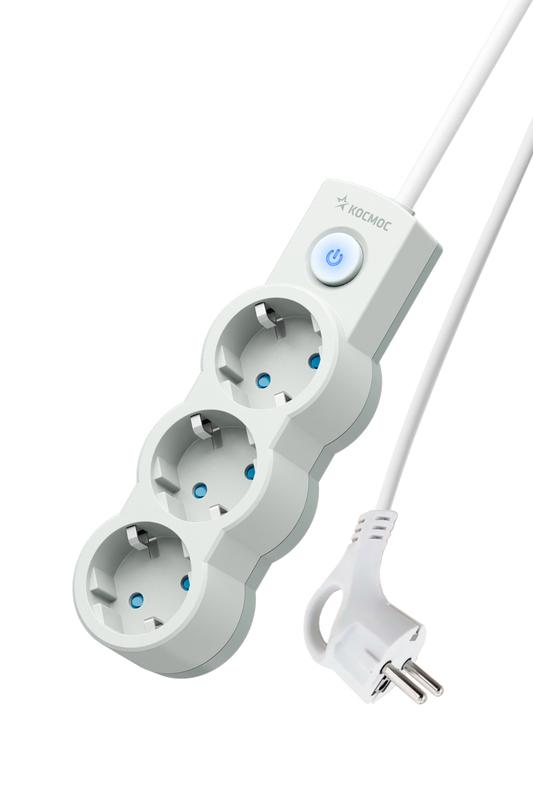 Удлинитель 3х1.5м с заземл. 10А IP20 2200Вт 220В защ. шторки ПВС 3х1 с выкл. бел. КОСМОС YKsm1.5m-3g-Z-V10A-W+A1:AV803524