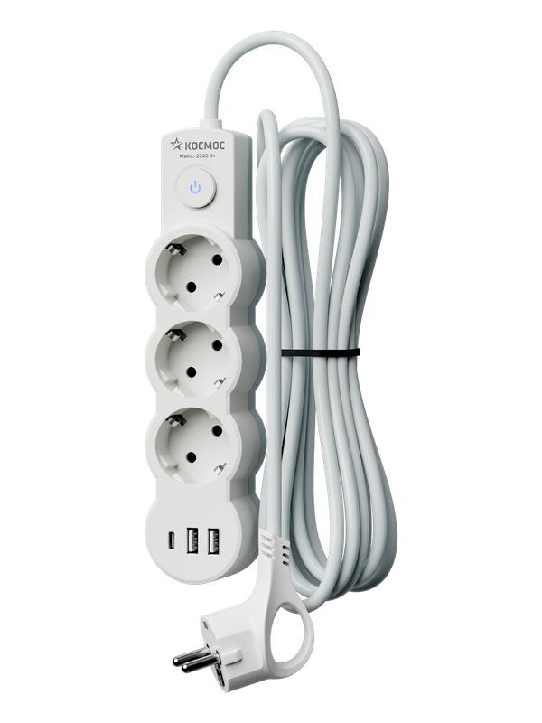 Удлинитель 3х3м с заземл. 10А IP20 USB 2800Вт 220В ПВС 3х1 с выкл. бел. КОСМОС YKsm3m3g-Z-VU10А-W