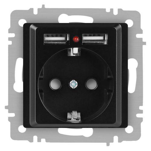 Розетка 1-м СП Accent 6-410-05 16А IP20 250В P+E Schuko + 2хUSB защ. шторки антрацит Intro Б0063698