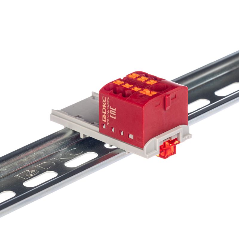 Блок распределительный с вертикал. адаптером на рейки шир. 15/35мм зажим push-in 1 ввод 6кв.мм 6 точек подключения 2.5кв.мм красн. DKC DTP1-106-104SPUR-V