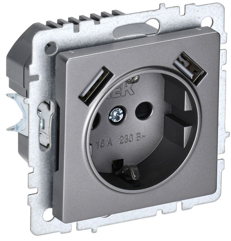 Розетка BRITE РЮш10-1-БрС 16А с USB A+A 2.1А с заземл. защ. шторки механизм сталь IEK BR-R14-16-U21-D21-K46