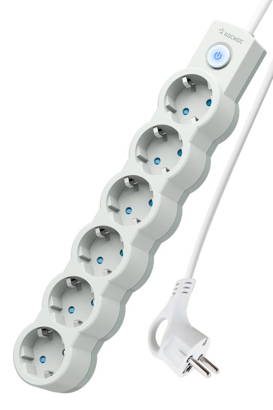 Удлинитель 6х1.5м с заземл. 10А IP20 2200Вт 220В защ. шторки ПВС 3х1 с выкл. бел. КОСМОС YKsm1.5m-6g-Z-V10A-W