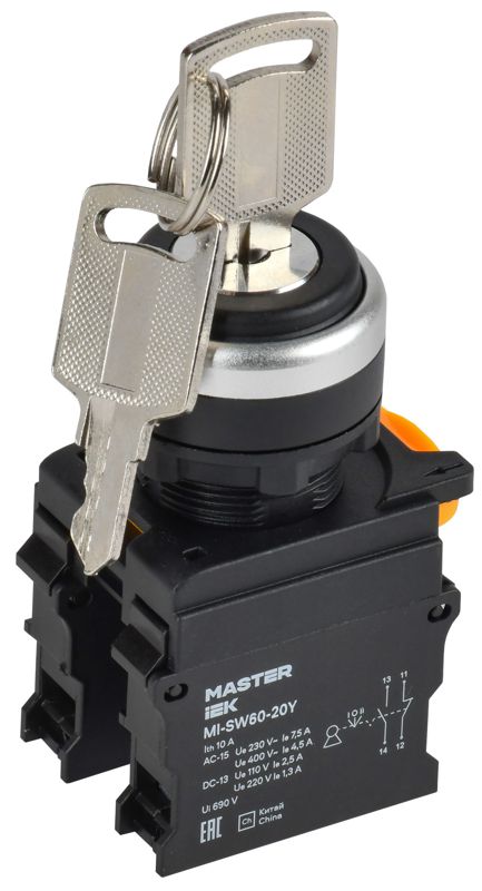 Переключатель 3 полож. 1НО+1НЗ с ключом черн. MASTER IEK MI-SW60-20Y-3-34-3-K02