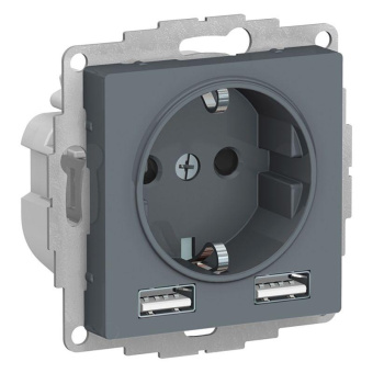 Розетка 3-м СП AtlasDesign 16А IP20 с 2-мя заряд. устройствами USB тип A+A 5В/2.4А 2х5В/1.2А механизм грифель SchE ATN000730