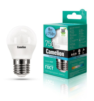 Лампа светодиодная LED8-G45/845/E27 8Вт шар 4500К бел. E27 750лм 170-265В Camelion 12394