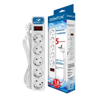 Удлинитель с сетевым фильтром 5х1.8м с заземл 10А IP20 2.2кВт ПВС 3х1 с выкл. бел. DOMTOK 2527