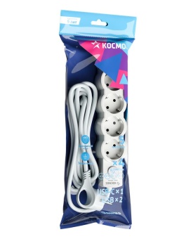 Удлинитель 3х5м с заземл. 10А IP20 USB 2500Вт 220В ПВС 3х1 с выкл. бел. КОСМОС YKsm5m4g-Z-VU10А-W