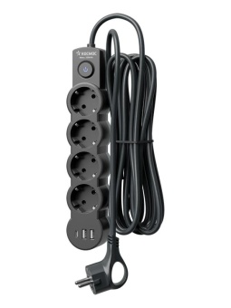 Удлинитель 3х1.5м с заземл. 10А IP20 USB 2500Вт 220В ПВС 3х1 с выкл. черн. КОСМОС YKsm1.5m4g-Z-VU10А-B