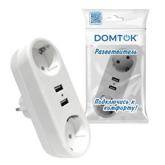 Разветвитель 2-м плоский с заземл.16А 2USB А+А 2.4А 3500Вт бел. DOMTOK 2732