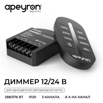 Диммер 12/24В 288/576Вт 3 канала 24А IP20 ПДУ RF сенсорный для монохромной светодиодной ленты Apeyron 04-101