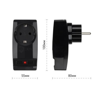 Адаптер 1-м с заземл. Polynom SP-1e-USB-B 220В 2хUSB 2100мА черн. Эра Б0026333