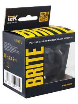 Розетка BRITE РЮш10-1-БрГ 16А с USB A+A 2.1А с заземл. защ. шторки механизм графит IEK BR-R14-16-U21-D21-K53