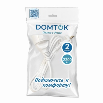 Удлинитель-шнур 1х2м без заземл. 10А IP20 ПВС 2х1 бел. DOMTOK 2335