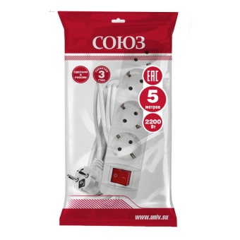 Удлинитель 4х5м с заземл. 10А IP20 2.2кВт ПВС 3х1 с выкл. бел. Союз 2791