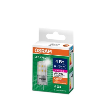 Лампа светодиодная LED G4 Value LVPIN40 4W/940 CRI95 4Вт 4000К 460лм капсульная прозр. G4 12-12В OSRAM 4610590510276