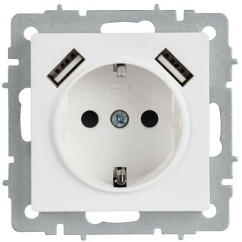 Розетка BRITE РЮш10-1-БрАБ 16А с USB A+A 2.1А с заземл. защ. шторки механизм арктич. бел. IEK BR-R14-16-U21-D21-K91