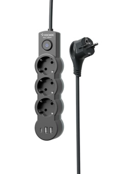 Удлинитель 3х3м с заземл. 10А IP20 USB 2800Вт 220В ПВС 3х1 с выкл. черн. КОСМОС YKsm3m3g-Z-VU10А-B