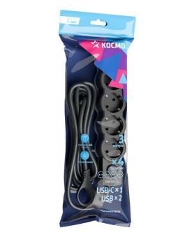Удлинитель 3х3м с заземл. 10А IP20 USB 2500Вт 220В ПВС 3х1 с выкл. черн. КОСМОС YKsm3m4g-Z-VU10А-B