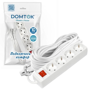 Удлинитель 4х10м с заземл. 16А IP20 3х1 с выкл. бел. DOMTOK 2405