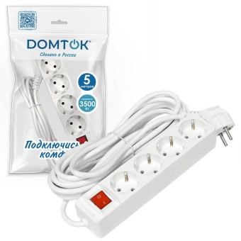 Удлинитель 4х5м с заземл. 16А IP20 3х1 с выкл. бел. DOMTOK 2500