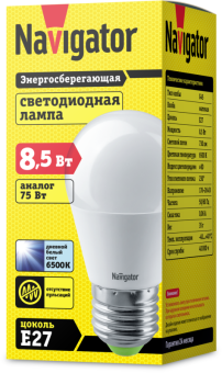Лампа светодиодная 61 338 NLL-G45-8.5-230-6.5K-E27 8.5Вт шар матовая 6500К холод. бел. E27 730лм 176-264В Navigator 61338