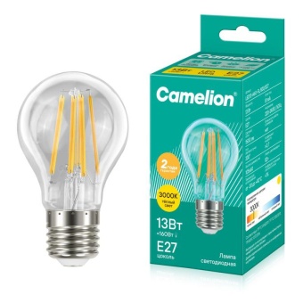 Лампа светодиодная филаментная LED13-A60-FL/830/E27 13Вт грушевидная прозрачная 3000К тепл. бел. E27 220В Camelion 13716