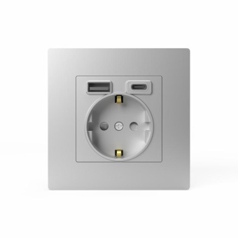 Розетка 1-м СП Pixel IP20 с заземл. с 2-мя заряд. устр. USB тип A+C механизм алюм. TOKOV ELECTRIC TKE-PX-R1U2AC-C03