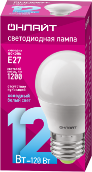 Лампа светодиодная 90 065 OLL-G45-12-230-6.5K-E27-FR 12Вт шар 6500К холод. бел. E27 1200лм 176-264В ОНЛАЙТ 90065