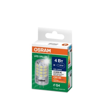 Лампа светодиодная LED G4 Value LVPIN40 4W/940 CRI95 4Вт 4000К 560лм капсульная прозр. G4 220-240В OSRAM 4610590510290