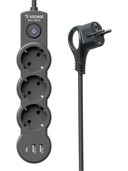 Удлинитель 3х3м с заземл. 10А IP20 USB 2800Вт 220В ПВС 3х1 с выкл. черн. КОСМОС YKsm3m3g-Z-VU10А-B