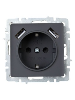 Розетка BRITE РЮш10-1-БрГ 16А с USB A+A 2.1А с заземл. защ. шторки механизм графит IEK BR-R14-16-U21-D21-K53