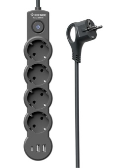 Удлинитель 3х1.5м с заземл. 10А IP20 USB 2500Вт 220В ПВС 3х1 с выкл. черн. КОСМОС YKsm1.5m4g-Z-VU10А-B